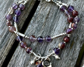 Rare Cocoxinite (Super Seven) With Amethyst Gemstone Bracelet with Sterling Silver and Find Silver Dangles