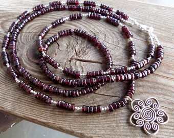 Natural Smooth Garnets with Sterling Silver Beads and Silver Pyrite beads Double Strand Necklace with Fine Silver Pendant