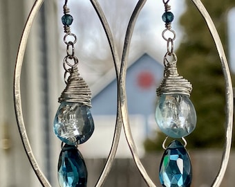 Genuine London Blue Topaz and Blue Topaz Sterling Silver Gemstone Birthstone Dangle Chandelier Earrings