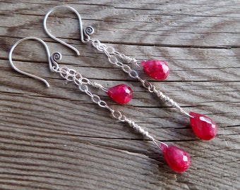 Genuine Ruby and Sterling Silver Gemstone Birthstone Dangle Earrings