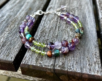 Natural Native American Turquoise, Peridot, Cocoxinite with Amethyst and  with Sterling Silver Double Strand Bracelet