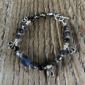 Beautiful Dark Iolite Gemstone and Birthstone Beads with Hill Tribe Fine Silver Bracelet with long matching iolite earrings