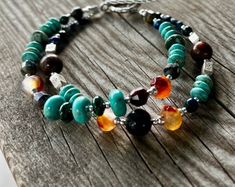 Malachite, Pietersite, Lapis, Kingsman Turquiose, Seraphinite, and Carnelian  Sterling Silver Double Strand Bracelet