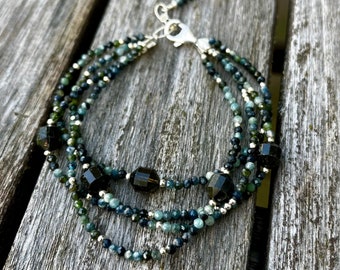 Natural Blue and Green Tourmaline with Sterling Silver Gemstone Triple Strand Bracelet