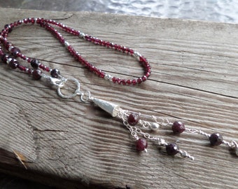 Pretty Faceted Garnet Necklace with Lariat Style Fine Silver Pendant