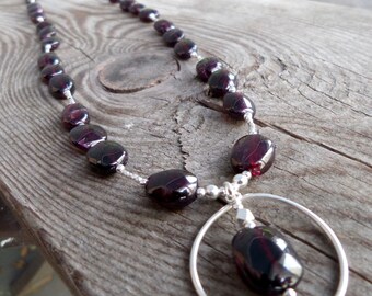 Natural Genuine Garnet with Sterling Silver Beads Gemstone and Birthstone Necklace with Sterling Pendant