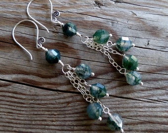 Faceted Moss Agate Handmade Sterling Silver Gemstone Chandelier Earrings