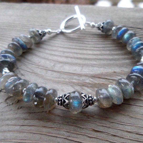 Flashy Smooth Labradorite and Sterling Silver Handmade Gemstone Bracelet