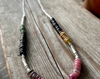 Yellow, Green, Blue, Pink, and Brown Tourmaline Fine Silver and Sterling Silver Long Necklace