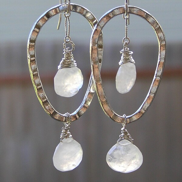 Genuine Moonstone Faceted Gemstone and Birthstone Wire Wrapped Sterling Silver Earrings