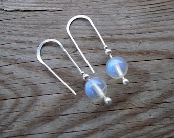 Beautiful Blue Flash Genuine Moonstone Fine Silver Gemstone Dangle Earrings