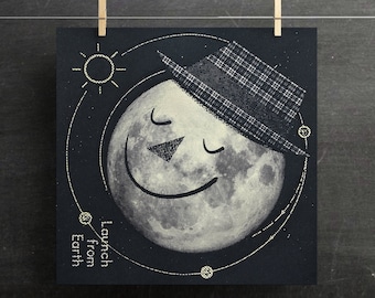 Moon Art Print, Retro Moon Poster, Kids Room Space Print, Moon Nursery Print, Retro Moon Solar System, Mid Century Prints