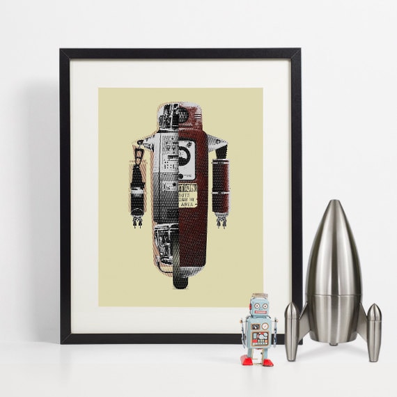 Robot Art Print, Retro Robot Wall Art, Vintage Robot Schematic, 50's Robot Home Decor, Blueprint, Atomic Age