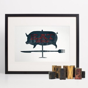 BBQ sign, weather vane, kitchen wall art, pulled pork, screen printed pig, restaurant artwork southern kitchen decor