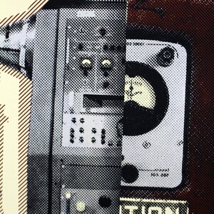 May include: A detailed, halftone-style illustration of vintage electronic equipment. The image features a control panel with dials, buttons, and gauges, alongside a sign that reads "CAUTION ROBOTS WORKING IN". The color palette is primarily black, white, and brown.
