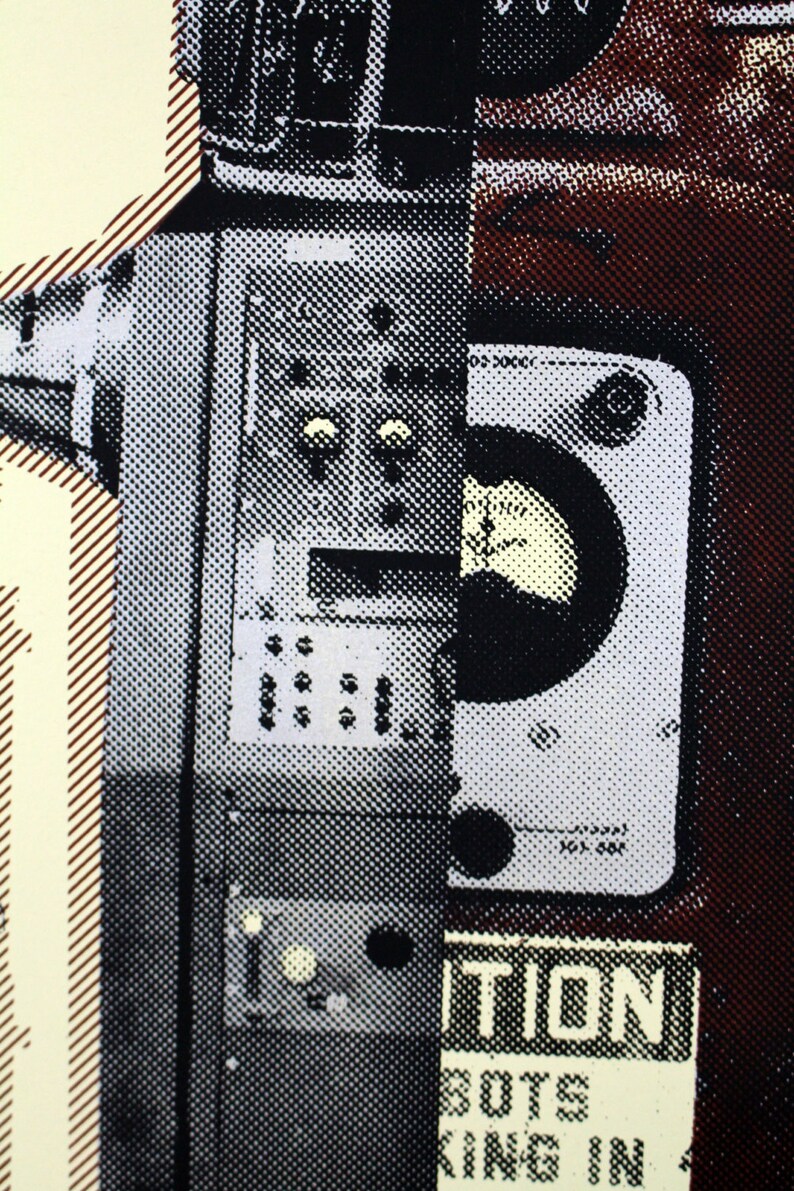 May include: A detailed, halftone-style illustration of vintage electronic equipment. The image features a control panel with dials, buttons, and gauges, alongside a sign that reads "CAUTION ROBOTS WORKING IN". The color palette is primarily black, white, and brown.