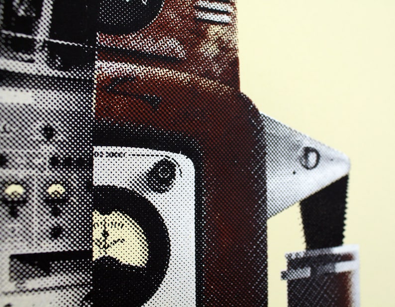 May include: Close-up of a vintage-style machine with a brown, black, and white color scheme. The image has a halftone dot pattern, giving it a retro aesthetic. The machine has dials, gauges, and other mechanical components.