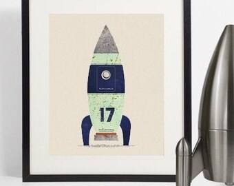 Space print, Spaceship art, Nursery wall art, Nursery wall decor, Retro nursery, Vintage nursery, Kids room art, Kids room decor