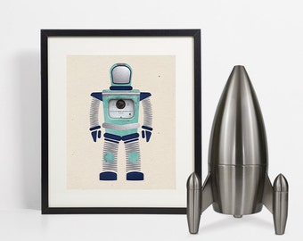 Astronaut art print, Space art print, Astronaut nursery, Outer Space art print, Kids Space Art, Retro Robot, Boys Nursery Wall Art