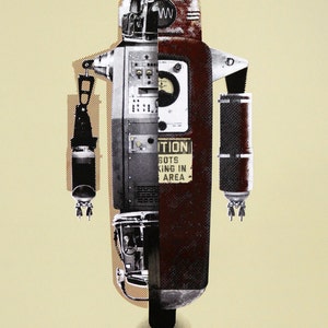 May include: A vintage-style robot illustration with a split design. One side features a detailed mechanical interior in grayscale, while the other is a reddish-brown exterior. The image includes the text "CAUTION ROBOTS WORKING IN AREA" on a yellow background.