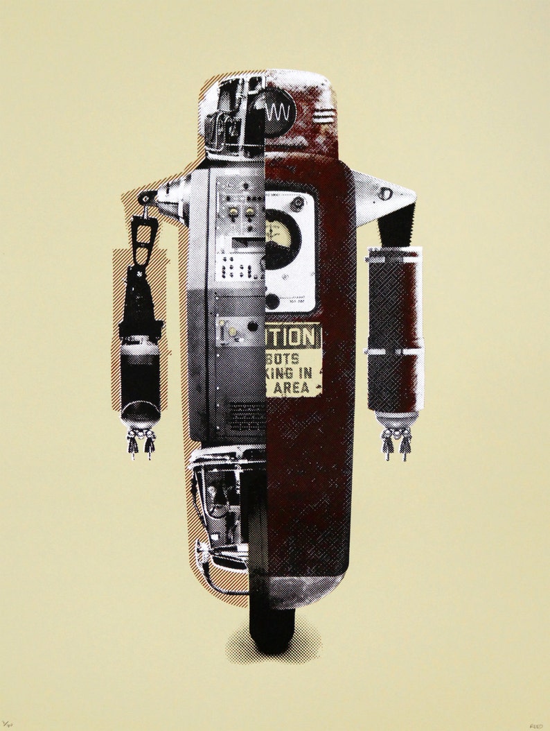 May include: A vintage-style robot illustration with a split design. One side features a detailed mechanical interior in grayscale, while the other is a reddish-brown exterior. The image includes the text "CAUTION ROBOTS WORKING IN AREA" on a yellow background.