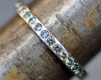 Recycled 18k or 14k Yellow Rose White Gold Stacking Wedding Ring Band With Flush Set Australian Teal Sapphires- Made to Order Handmade