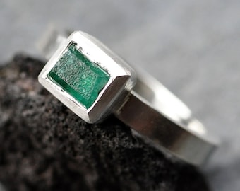 Raw Rough Uncut Emerald on Recycled Sterling and Fine Silver Ring- Hammered or Smooth Band- Made to Order Handmade