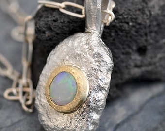Solid Australian Opal Sterling Silver Yellow Gold Necklace Pendant With or Without Chain  Handmade Ready to Ship