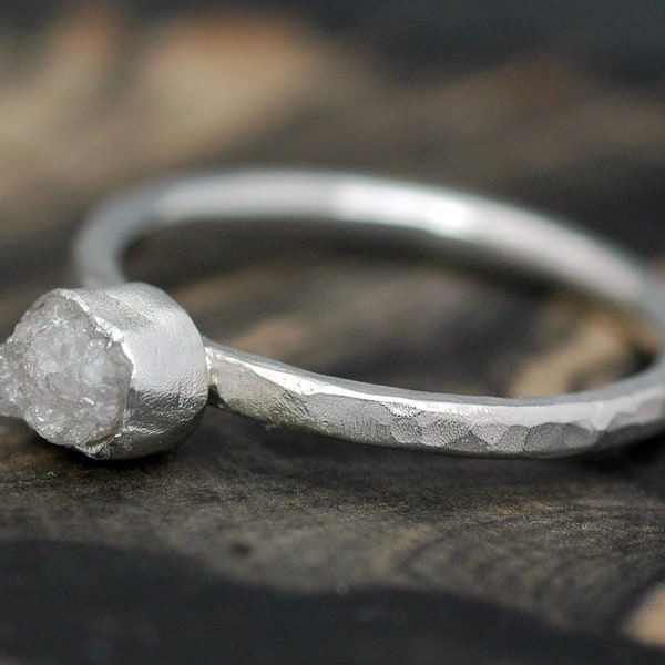 Rough Diamond Stacker Engagement Ring in Hammered Sterling Silver- Made to Order