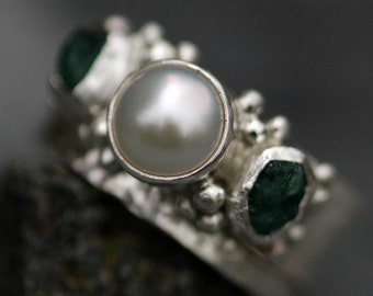 Raw Emerald and Pearl Sterling Silver Ring- One Ring or Two Ring Bridal Set