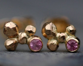 Pink Sapphires in Orb Cluster Rose and Yellow Gold Post Earrings- Made to Order