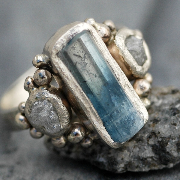 Raw Aquamarine and Diamond Ring in Recycled 14k or 18k  White, Yellow, or Rose Gold- Made to Order Handmade