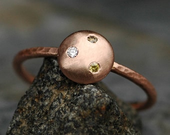 Rose Gold and Diamond Ring- Hammered Band with White, Yellow, and Cognac Diamonds Ready To Ship Size 7.5