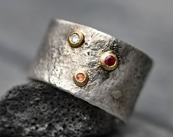 White Diamond, Orange Sapphire, and Ruby on 18k Yellow Gold and Oxidized Reticulated Sterling Silver Size 8.5 Ready to Ship