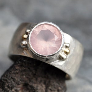 Pink Rose Quartz in Wide Band Sterling Silver Yellow Gold, Ring Ready to Ship Size 7.5 Handmade image 1