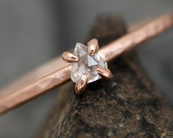 Rose Cut Clear White Diamond on Recycled 14k Rose Gold Hammered Band Custom Made Engagement Ring Handmade