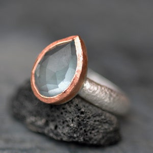 Large Rose Cut Aquamarine on Reticulated Sterling Silver Ring with Rose Gold- Made To Order Handmade