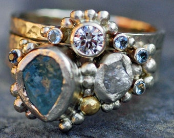 Multistone Raw Aquamarine, Rough and Cut Diamond Recycled Gold Stacking Ring Set- Two Custom Made Rings