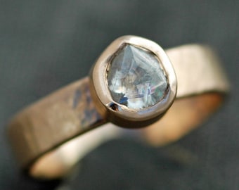 Engagement Ring- Transparent Raw Diamond on Wide Recycled Gold Band- Custom Made Engagement Ring