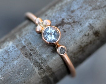 Aquamarine and Chocolate Diamond on Thin Rose Gold Ring- Made to Order Handmade