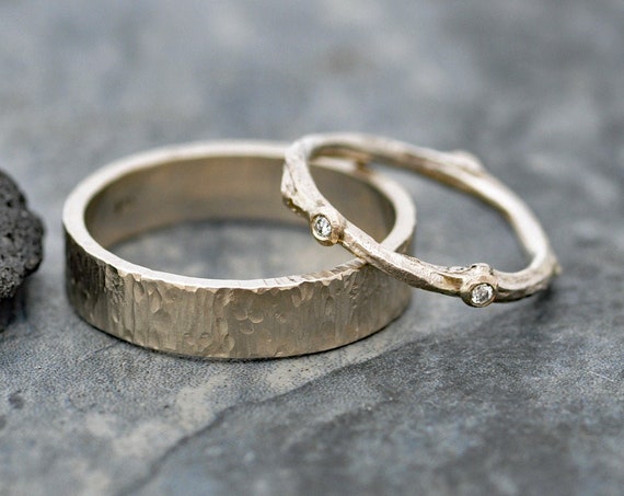 Recycled 14k Yellow Rose White Gold Wedding Band Set-  Birch Bark and Twig with Cut Diamonds- Made to Order  Two Wedding Bands
