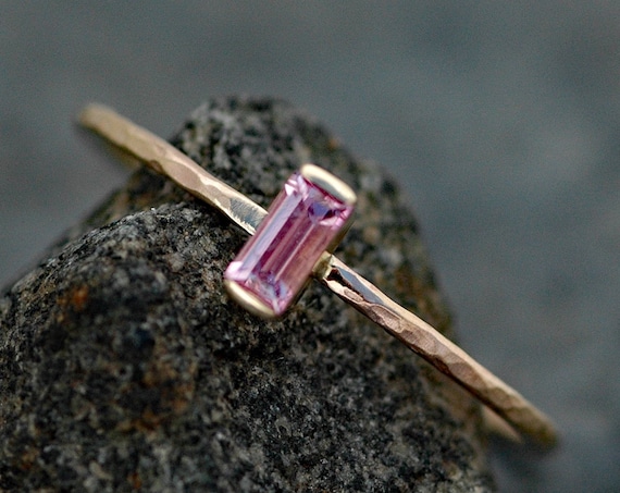 Pink Sapphire Baguette in Recycled 14 Gold Ring- Made To Order