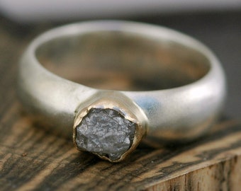 Rough Diamond, Sterling Silver, and Gold  Ring- Made to Order with Conflict Free Raw Diamond Handmade