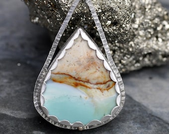 Blue Opalized Wood and Sterling Silver Pendant Ready To Ship