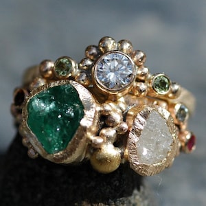 Multistone Raw Emerald, Gemstone, Rough and Cut Diamond Recycled Gold Stacking Ring Set- Two Custom Made Rings Handmade