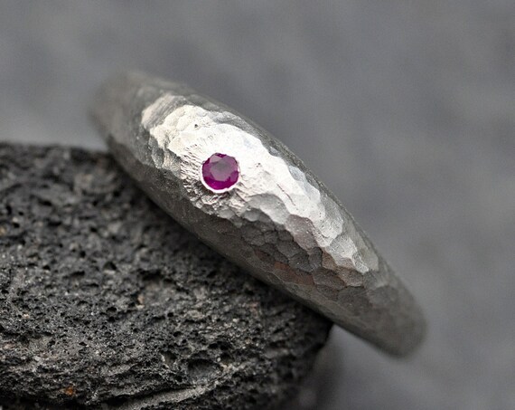 Ruby on Sterling Silver Bombe Ring Hammered Finish- Ready To Ship Size 6.5