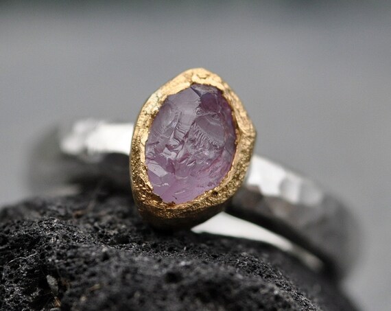 Ethically Sourced Rough Pink Spinel Sterling Silver Ring in 22k Yellow Gold- Ready to Ship Size 7