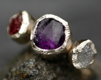 Multistone Conflict-Free Rough Diamond and Coloured Gemstone Ring- Made to Order Multi-Stone Ring in 14k/18k Gold or Platinum Handmade