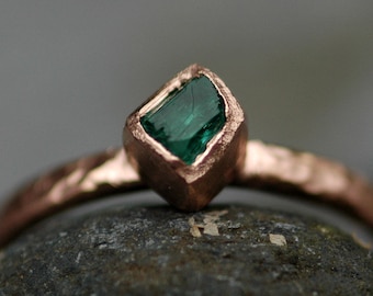 Raw Rough Uncut Colombian Emerald on Recycled 14k or 18k Yellow, Rose, or White Gold Ring- Hammered Band- Made to Order