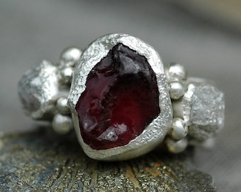 Raw Garnet and Sterling Silver Ring with Uncut Diamonds Handmade